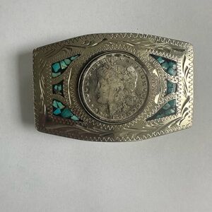 Silver turquoise coin belt buckle